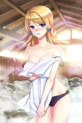  bare_arms bare_shoulders blonde_hair blush bra briska collarbone earrings female holding jewelry lingerie long_hair lowres off_shoulder onsen open_mouth panties photoshop_(medium) purple_eyes solo strap_slip swept_bangs sword_girls towel underwear 