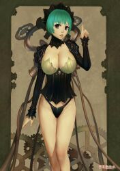  ariverkao blue_eyes breasts cleavage commentary female gears green_hair highres huge_breasts index_finger_raised lips original panties parted_lips short_hair solo steampunk thigh_gap underwear 