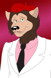  2010 anthro brown_body brown_fur canid canine canis clothing facial_hair fur green_eyes hairless hat headgear headwear isabellaprice male mammal moustache mythological_canine mythological_creature mythology reginald_saint-pierre solo were werecanid werecanine werewolf wolf 