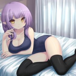  bed black_thighhighs breasts brown_eyes cleavage commentary_request elf female long_hair looking_at_viewer lying medium_breasts nail_polish on_bed on_side one-piece_swimsuit original pointy_ears purple_hair school_swimsuit smile solo swimsuit thighhighs tsukumiya_amane 