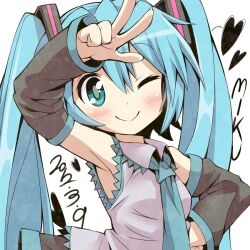  39 arm_up armpits blue_eyes blue_hair blush character_name commentary_request dated detached_sleeves female givuchoko hair_ribbon hand_on_own_hip hatsune_miku heart long_hair miku_day necktie one_eye_closed ribbon shirt skirt smile solo twintails vocaloid 