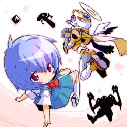  angel angel_(evangelion) ayanami_rei blue_hair chibi commentary_request eva_00 female halo kitsune_choukan neon_genesis_evangelion painttool_sai_(medium) parody purple_eyes ramiel_(evangelion) sachiel_(evangelion) school_uniform shamshel_(evangelion) short_hair skirt wings 