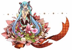  aqua_hair closed_eyes commentary_request crossed_arms detached_sleeves female flower hair_ribbon hands_on_own_chest hatsune_miku long_hair mini_person minigirl necktie open_mouth ribbon skirt solo thighhighs twintails very_long_hair vocaloid yosakuh 