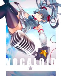  aqua_eyes aqua_hair commentary_request elbow_gloves falling female gloves hatsune_miku highres laio long_hair looking_at_viewer microphone microphone_stand photoshop_(medium) skirt smile solo thighhighs twintails very_long_hair vintage_microphone vocaloid zettai_ryouiki 