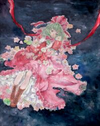  boots bow brown_eyes commentary_request dress female green_hair hairbow kagiyama_hina lying on_back painting_(medium) red_dress ribbon solo touhou traditional_media tugumi0w0 watercolor_(medium) wrist_ribbon 