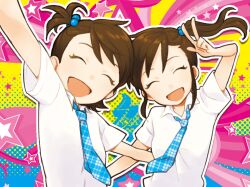  2girls :d ^_^ bad_id bad_pixiv_id brown_hair closed_eyes futami_ami futami_mami hair_bobbles hair_ornament hanatsuka idolmaster idolmaster_(classic) multiple_girls necktie open_mouth rough_time_school_(idolmaster) school_uniform short_hair siblings side_ponytail sisters smile star_(symbol) twins v 