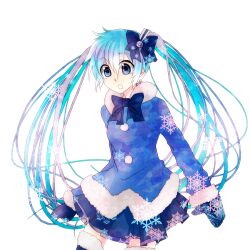  aqua_eyes aqua_hair bad_id bad_pixiv_id bow female hatsune_miku long_hair mittens photoshop_(medium) riki_(koretto) simple_background skirt snowflakes solo thighhighs twintails very_long_hair vocaloid white_background yuki_miku yuki_miku_(2012) 