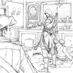  3boys arrow_(projectile) assassin&#039;s_creed_(series) assassin&#039;s_creed_iii axe bad_id bad_pixiv_id bar_(place) blood bottle bow_(weapon) chair chandelier coat connor_kenway crack death greyscale hat hood kid666 lamp male_focus mirror monochrome multiple_boys quiver scar soldier tricorne weapon 