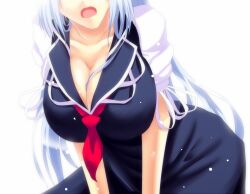  bad_id bad_pixiv_id breasts cleavage collarbone dress ex-keine female green_dress green_hair huge_breasts kamishirasawa_keine leaning_forward light_particles long_hair neckerchief nominally_apng open_mouth simple_background sitting solo sousakubito thumbnail_surprise touhou v_arms very_long_hair white_background 