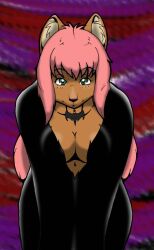  anthro bat breasts brown_body brown_fur canid canine canis cleavage clothed clothing digital_media_(artwork) female fur green_eyes hair hi_res isabella_price jewelry kloudmutt mammal mythological_canine mythological_creature mythology necklace pink_hair seductive solo were werecanid werecanine werewolf wolf 