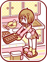  apron baking_sheet blush bow brown_hair commentary_request cookie female flat_color flower food hair_flower hair_ornament highres idolmaster idolmaster_cinderella_girls indoors limited_palette mandi mimura_kanako mittens mixing_bowl plaid plaid_skirt pleated_skirt short_hair skirt slippers smile socks solo spatula whisk 