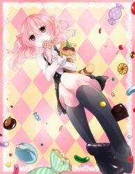  bad_feet black_socks candy commentary_request convenient_leg dress female food hug inu_x_boku_ss kmikan kneehighs lollipop pink_eyes pink_hair roromiya_karuta smile socks tanuki twintails watanuki_banri 