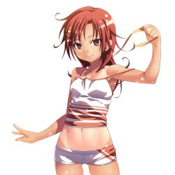  bare_shoulders brown_eyes brown_hair camisole commentary_request female hino_akane_(smile_precure!) long_hair micro_shorts midriff navel precure red_eyes red_hair ribbon shorts smile smile_precure solo spaghetti_strap strap_slip tan tanlines tasaka_shinnosuke white_background white_shorts 