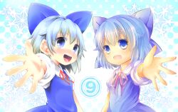  2girls bad_id bad_pixiv_id blue_eyes blue_hair blush bow circled_9 cirno coa_(chroo_x) collaboration dual_persona hairbow multiple_girls nail_polish open_mouth outstretched_hand photoshop_(medium) short_hair snowflakes touhou upper_body uta_(kuroneko) 