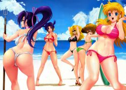  5girls absurdres ass back barefoot beach bikini blonde_hair blue_eyes breasts brown_hair cleavage cloud clouds earrings feet flat_chest furinji_miu hair_ornament hairclip happy hat highres jewelry kousaka_shigure large_breasts long_hair looking_at_viewer looking_back ma_renka multiple_girls nanjo_kisara nanjou_kisara navel official_art open_mouth ponytail purple_hair rachel_stanley shadow shijou_saikyou_no_deshi_ken&#039;ichi shijou_saikyou_no_deshi_kenichi short_hair sky smile standing sunglasses swimsuit toes twintails water weapon 