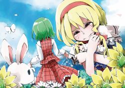  2girls alice_margatroid bad_id bad_pixiv_id blonde_hair broken bug bullying butterfly capelet closed_eyes crying d@i day field flower flower_field frills garden_of_the_sun hairband headdress hugging_doll hugging_object kazami_yuuka multiple_girls outdoors plaid rabbit shanghai_doll short_hair skirt skirt_set sky stuffing sunflower sunflower_field tears touhou 