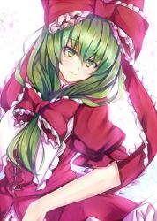  bow commentary_request dress female frills front_ponytail green_eyes green_hair hair_ornament hair_ribbon hairbow inaba-no-kuni-tottori kagiyama_hina long_hair red_dress ribbon simple_background smile solo touhou white_background 