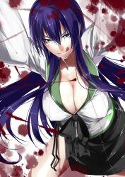  :q bad_id bad_pixiv_id blood blood_stain blue_eyes bow breasts busujima_saeko cleavage collarbone commentary_request covered_nipples downblouse female hanging_breasts highschool_of_the_dead hullabaloo large_breasts leaning_forward legs licking_lips long_hair looking_at_viewer purple_hair school_uniform side_slit skirt solo thighs tongue tongue_out very_long_hair 