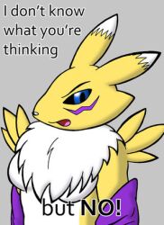  anthro bandai_namco black_sclera canid canine cockblock digimon digimon_(species) female fur low_res mammal renamon solo terdburgler white_body white_fur yellow_body yellow_fur 