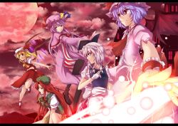  5girls ascot bat_wings blonde_hair blue_eyes blue_hair book bow braid commentary_request crescent dress flandre_scarlet full_moon gloves hairbow hat hat_bow hong_meiling izayoi_sakuya letterboxed long_hair maid maid_headdress moon multiple_girls oerba_yun_fang open_mouth patchouli_knowledge photoshop_(medium) purple_eyes purple_hair ram_hachimin red_eyes red_hair red_moon remilia_scarlet ribbon short_hair side_ponytail skirt smile star_(symbol) touhou twin_braids white_hair wings wrist_cuffs 