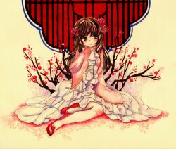  axis_powers_hetalia blush branch brown_hair commentary_request dress female flower hair_flower hair_ornament long_hair painting_(medium) red_eyes shoes sitting sleeves_past_wrists solo taiwan_(hetalia) traditional_media tugumi0w0 watercolor_(medium) 