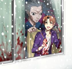  2boys bad_id bad_pixiv_id black_eyes blood blood_on_clothes blood_on_face command_spell covering_with_blanket curtain_grab curtains fate/zero fate_(series) from_outside gilles_de_rais_(caster)_(fate) itou_(itsuko) male_focus multiple_boys orange_hair scalpel snowing uryuu_ryuunosuke window 