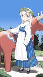  aged_down blue_eyes blush dalecarlian_horse eila_ilmatar_juutilainen female finland finnish_clothes full_body head_wreath long_hair looking_at_viewer moose pantyhose patriotism shimada_fumikane solo standing strike_witches sweden traditional_clothes white_hair white_pantyhose world_witches_series 