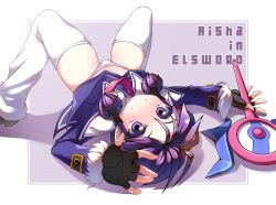  aisha_landar bad_id bad_pixiv_id character_name coat commentary_request copyright_name elsword female fingerless_gloves full_body gloves hair_tubes holding holding_wand lying m_legs magician_(elsword) panties photoshop_(medium) pinyshi purple_background purple_eyes purple_hair purple_skirt purple_theme shoes short_hair skirt smile solo spread_legs thighhighs underwear wand white_panties white_thighhighs 