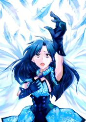  asuke_yuki bad_id bad_pixiv_id blue_eyes blue_hair boots feathers female gloves highres idol idolmaster idolmaster_(classic) kisaragi_chihaya long_hair looking_at_viewer open_mouth ramii solo 