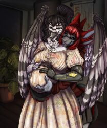  4_ears absurd_res anthro avali avian back_wings beak bird black_hair clothing detailed_background dress duo eyewear female female/female freyja_(jesolitheavali) glasses hair hand_on_belly hi_res horned_owl hug hugging_another hugging_from_behind jesoli multi_ear oonakuni owl ponytail pregnant pregnant_anthro pregnant_female prosthetic prosthetic_arm prosthetic_limb snowy_owl trans_(lore) trans_woman_(lore) true_owl wearing_glasses wings 
