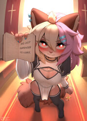  absurd_res anthro blush book christian_cross christian_symbol christianity clothing colored_nails cross domestic_ferret dun_dun english_text female fur hi_res legwear looking_at_viewer mammal multicolored_body multicolored_fur mustelid musteline nails nun_outfit red_eyes religion religious_symbol solo stockings tail text true_musteline tuma_tt weasel 
