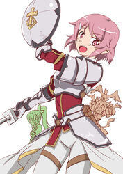  3girls arm_shield armor breastplate commentary_request creature creature_on_head dragon_on_head feathered_dragon hair_ornament hairclip holding holding_sword holding_weapon leafa lisbeth_(sao) lisbeth_(sao-alo) mini_dragon more_deban multiple_girls open_mouth photoshop_(medium) pina_(sao) pink_eyes pink_hair pointy_ears shield short_hair silica silica_(sao-alo) sword sword_art_online tukuken weapon 