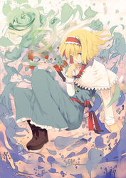  alice_margatroid blonde_hair blue_eyes blush boots capelet commentary_request dress female flower hairband mieharu rose short_hair solo swirling touhou yuuhei_satellite 