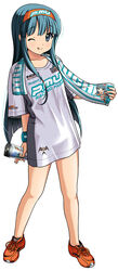  ;p aqua_eyes aqua_hair bare_legs female hairband inging_motorsport long_hair no_socks one_eye_closed oversized_clothes oversized_shirt project_mu shirt solo tongue tongue_out wristband yamaguchi_miu 