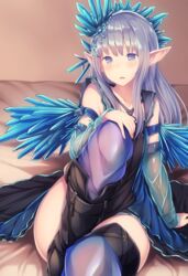  armlet bare_shoulders black_footwear black_thighhighs blue_eyes blue_hair blunt_bangs blush boots commentary_request crystal detached_sleeves dress erin_(granblue_fantasy) female granblue_fantasy hair_ornament hand_on_own_knee highres knee_boots long_hair looking_at_viewer open_mouth pointy_ears short_dress sitting solo thighhighs tobimura 