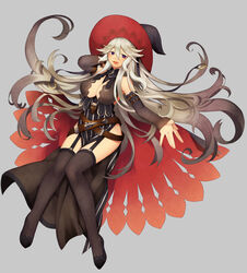  absurdres bare_shoulders black_thighhighs blush breasts cleavage commentary_request detached_sleeves female garter_straps granblue_fantasy hair_between_eyes hat highres ju-zika large_breasts long_hair looking_at_viewer magisa_(granblue_fantasy) purple_eyes smile solo thighhighs white_hair witch_hat 