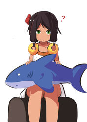  ? bare_shoulders black_hair blush closed_mouth collarbone commentary_request dark-skinned_female dark_skin dress female flower green_eyes hair_flower hair_ornament highres inflatable_shark inflatable_toy looking_at_viewer original poppy_girl_(surio) red_flower simple_background sitting sleeveless sleeveless_dress solo surio white_background white_dress 