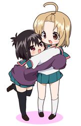  2girls a_channel ahoge bad_id bad_pixiv_id black_hair brown_eyes brown_hair forehead high_ponytail hug ichii_tooru kneehighs meiro_(yuu) momoki_run multiple_girls red_eyes school_uniform serafuku skirt sleeves_past_fingers sleeves_past_wrists socks sweater thighhighs zettai_ryouiki 