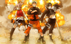  2boys black_hair blonde_hair blue_eyes crossed_arms explosion female forehead_protector green_eyes grin midriff multiple_boys naruto naruto_shippuuden pink_hair sai sakura_haruno short_hair shuriken_(artist) smile standing team7 toes trio uzumaki_naruto 