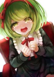  black_dress chiko_(d04099) commentary_request crying crying_with_eyes_open danganronpa_(series) danganronpa_another_episode:_ultra_despair_girls dress female green_eyes green_hair hair_ribbon hairband open_mouth ribbon short_hair solo symbol-shaped_pupils tears towa_monaca wheelchair 