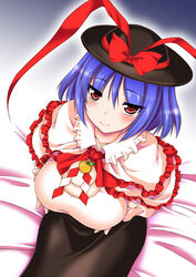  black_hat black_skirt blue_hair blush bow breast_hold breast_lift breasts capelet closed_mouth commentary_request female frills from_above gonzaburo hat hat_bow hat_ribbon kagami_mochi large_breasts long_sleeves looking_at_viewer looking_up nagae_iku photoshop_(medium) red_bow red_eyes red_ribbon ribbon seductive_smile short_hair sitting skirt smile solo touhou tsurime 