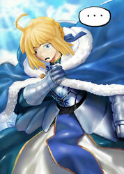  ... ahoge armor armored_dress artoria_pendragon_(fate) blonde_hair blue_cape blue_dress cape coat commentary disfigured dress english_commentary fate/grand_order fate/stay_night fate_(series) female fur-trimmed_cape fur_trim gauntlets green_eyes highres jamrolypoly mixed-language_commentary parody quality saber_(fate) sader solo speech_bubble spoken_ellipsis 