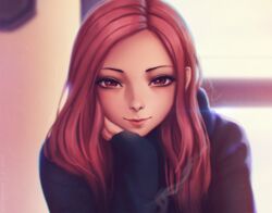  artist_name bad_id bad_pixiv_id blue_sweater commentary deviantart_username eyelashes female head_rest highres indoors itori_(tokyo_ghoul) lens_flare light_smile lips lipstick long_hair long_sleeves looking_at_viewer makeup miura-n315 nose realistic red_eyes red_hair sleeves_past_wrists smile solo sweater tokyo_ghoul watermark web_address window 