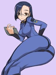  ass blue_hair bodysuit breasts brown_eyes clipboard commentary_request female forehead glasses hair_ornament hair_over_one_eye hairclip image_sample large_breasts military military_uniform nakamura_tetsuya niimi_kaoru science_fiction short_hair skin_tight tablet_pc tinami_sample uchuu_senkan_yamato uchuu_senkan_yamato_2199 uniform 