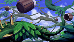  barrel blue_sky cloud commentary_request day donkey_kong_(series) donkey_kong_country donkey_kong_country_2 highres jibon leaf no_humans outdoors photoshop_(medium) plant scenery sky thorns vines 