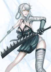  bad_id bad_pixiv_id bandages belt bow braid breasts burunuu_(bullnukko) cleavage dual_wielding elbow_gloves female flower frills gloves hair_ornament holding kaine_(nier) large_breasts lingerie negligee nier nier_(series) panties ribbon short_hair solo sword thigh_strap thighhighs underwear weapon white_hair white_panties yellow_eyes 