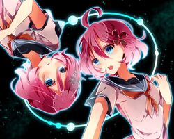  blue_eyes blush karakuri_futaba karakuri_hitoha naoton pink_hair seifuku short_hair tokyo_7th_sisters twins 