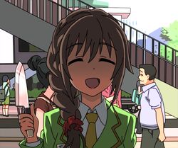  ^_^ braid brown_hair closed_eyes commentary_request day false_smile female hair_over_shoulder holding holding_knife idolmaster idolmaster_cinderella_girls knife long_hair open_mouth outdoors scrunchie senkawa_chihiro single_braid smile solo_focus takahiro_(rikky) yandere 