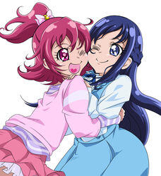  2girls ;d ;t aida_mana blue_eyes blue_hair blush bow cheek-to-cheek commentary_request dokidoki!_precure dress eyelashes flipped_hair half_updo heads_together hishikawa_rikka hug long_hair multiple_girls one_eye_closed open_mouth photoshop_(medium) pink_bow pink_eyes pink_hair pink_shirt precure shirt short_hair sinko_(sinsin) skirt smile striped_clothes striped_shirt white_background 