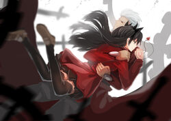  1boy archer_(fate) black_hair black_thighhighs commentary_request fate/stay_night fate_(series) female hug jacket jewelry long_hair necklace red_jacket terric thighhighs tohsaka_rin white_hair zettai_ryouiki 